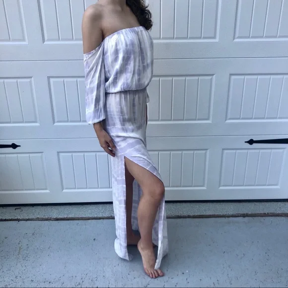 NWOT White & lilac strapless maxi dress w/ sleeves - Picture 3 of 6